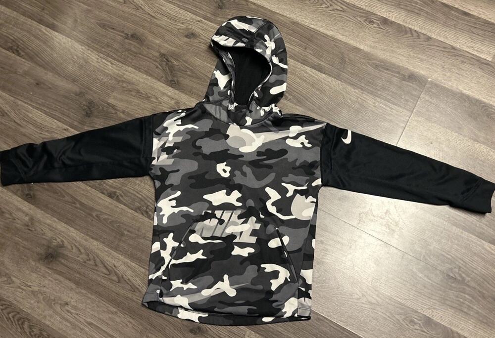 Boys Small Nike Dri Fit Black White Grey Camouflage Print Hoody